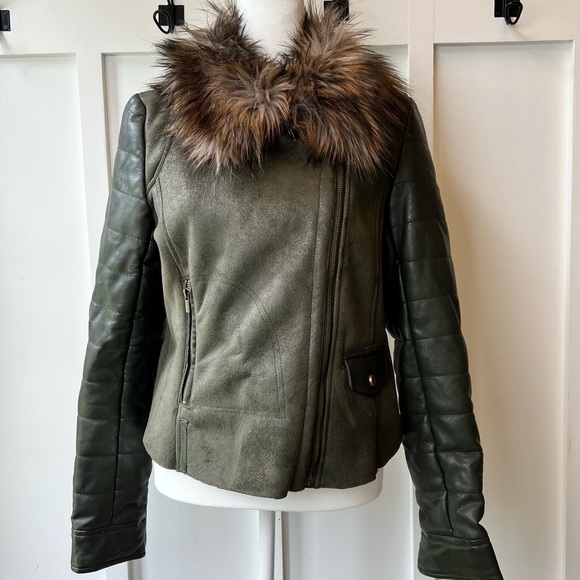 Wilson Leather Jacket Women Full Zip Green Coat Suede Faux Fur Medium FLAWS - Picture 1 of 15